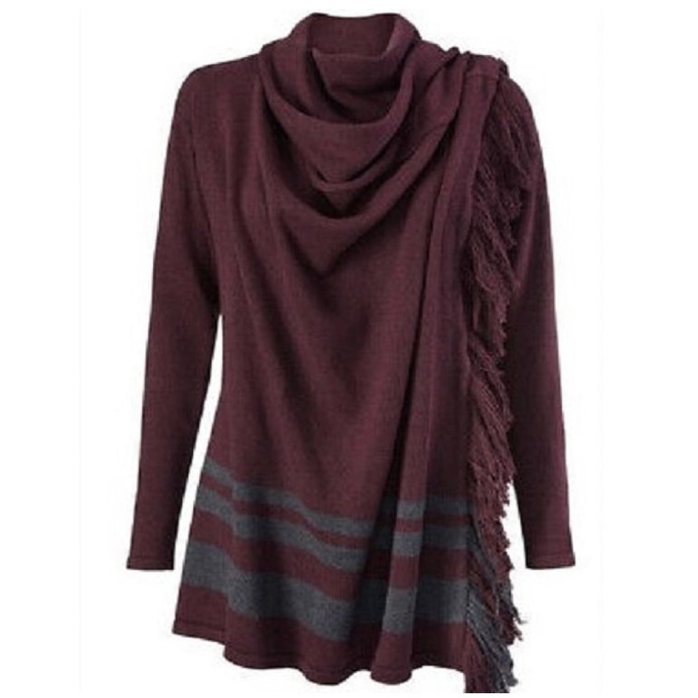CAbi Cotton Port Wine Fringed Wrap Cardigan Sweater Duster - S